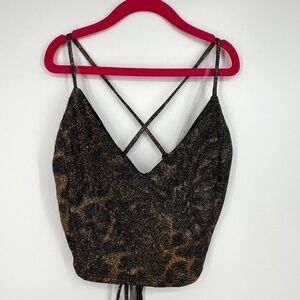 Windsor Size Large Lace-Up Crop Top Brown Metallic Animal Print Spaghetti Straps